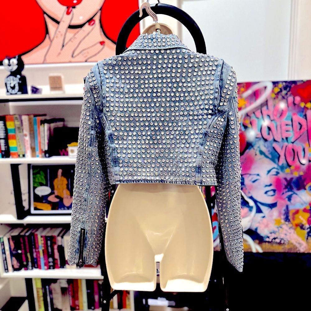 - AZALEA WANG GAZETTE 3000 STUDS MOTO JACKET IN DENIM NWT MULTIPLE - Picture 4 of 11